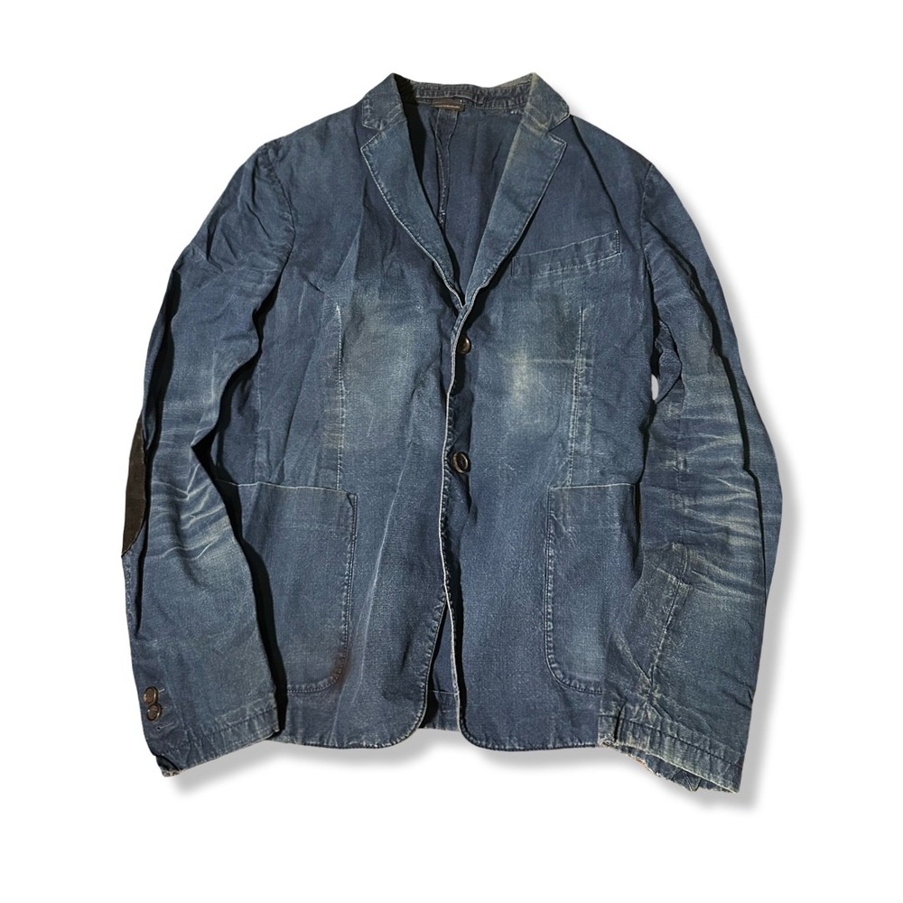 Prada Denim Blazer Mens 48 Blue Excellent Suede Elbow Patches Indigo Jacket